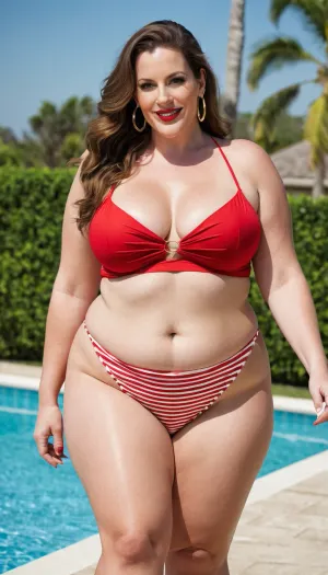 sexy mature granny, sexy 55 years old, brunette hair, long wave hair, glamour, big hoop earrings, necklace, wide hip, wide shoulder, thick body, very thick legs, curvy, very tall, small tits, gold necklace, looking at the camera, cellulite legs, cellulite but, huge culottes, long legs, charming, very fat ssbbw, thick calf, very hot and horny, pointed stilettos slingback, pointed slingback stiletto, red and white bikini, high waisted bikini, very high waisted bikini, sexy smile flirting face, at the swimming pool, walking toward the camera, pointed stiletto sling back focus, big culottes
