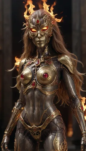 A brass mechanical construct with an athletic feminine body and long hair made of steel wire, mechanical mask coveeing its face, gaps in the joints, studded with garnets and rubies, the construct is filled with flames overflowing from inside its hollow body, full-body view, timeart, clock, gold, <lora:timeart:.5>, firecd_xl, <lora:firecd_xl-000017:.5>
