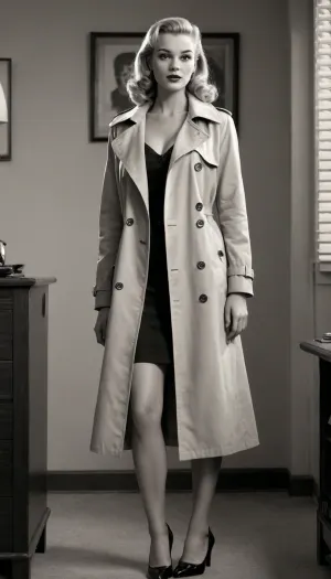 high-resolution, photorealistic image, (young girl), (pinup girl), (full-body), (blonde hair), (trenchcoat), (clothes pulled aside:1.5), (trenchcoat open:1.5), (1950s fashion), (detectives office), (black and white), (greyscale), (vintage movie poster on the wall), (soft, natural lighting), (nostalgic atmosphere), (vintage 1950s look), (1950s camera), (authentic details), perfect breasts, medium breasts, perfect areolas, very thin, thin arms, (((piercing in nipples)))