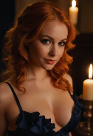 20 year old orange haired woman side eyeing camera, smirking, happy, seductive, back to camera, full lips, shiny lipgloss, hair loose, (eyeliner, winged eyeliner, dark eyeshadow), makeup, deep blue ruffled lingerie, cleavage, (candlelight)