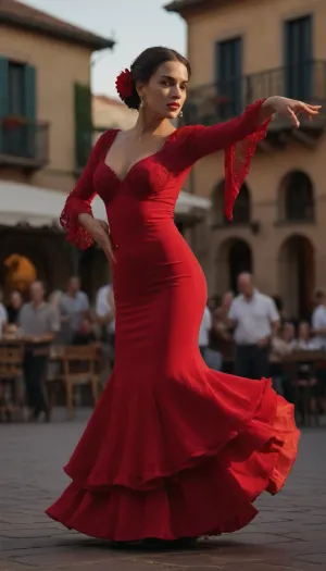 A busty Spanish dancer dances flamenco in the town square