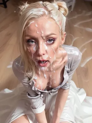 athletic blonde, skinny body, skinny face, sharp features, pale skin, smeared makeup, running makeup, (fully clothed:1.6), Cleavage, hairbun, open mouth, messy hair, full body, (white wedding dress), (cum on face:1.6), Realistic Eyes, Realistic quality, 8k, pov, (masterpiece), best quality, incredible detail, spreading legs, cum facial, (mouth full of cum), covered in cum, cumdrip, after sex, looking at the camera, (small breasts:1.6), Tired, Expression, Tired_Expression, <lora:cum_b1:.5>, <lora:Tired_Expression:.5>