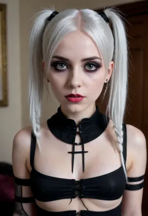 Goth girl, emo girl, beautiful face, white hair, (goth clothes), (goth makeup), full body, perky breasts, skinny, slender, (((cum on face:1.3))), (sharp features), (pigtails), (cum leaking from pussy:1.2)