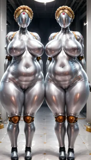 Atomic Heart twins, two girls, extra chubby, small fat rolls, big breasts, wide hips. Atomic Heart, Soviet Laboratory, robotics, USSR, AtomicHeartTwinsCosplay, <lora:AtomicHeartTwinsCosplay_SDXL:.5>
