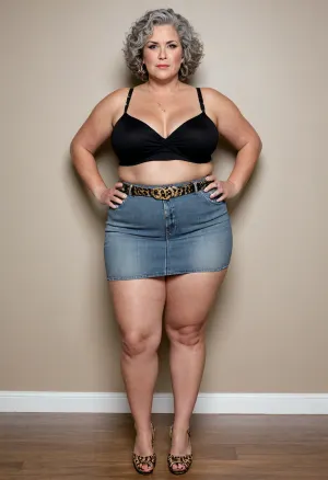 70-year very fat old pear-shaped woman with small saggy breasts, very wide hips, and an enormous ass. BBW. Standing in short jean miniskirt, standing sideways, facing the camera. Gold chain belt, Jewelry and leopard print open-toe high heels. No shirt or bra, no top, (short curly gray hair)