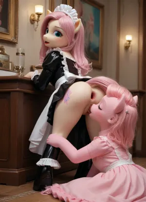 Sexy pony Fluttershy in a latex maid costume, very short skirt, skirt turned up, huge breasts, latex, gaping anus, black anal pony, black vagina pony, leaning forward, pony Twilight Sparkle kneels behind nene, fucks her anus with a horn under her skirt, cunnilingus, 2 ponies, pony, licking, pussy, <lora:LATEXXLV11:.5>, laura