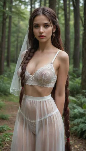 Russian young girl 25 years old., (braid light:1.5), (extremely long hair:1.9), Dark maroon hair. Transparent veil. Very long dark maroon pigtail. Big natural tits. Hands behind back. Lace bra. Lace underwear. White transparent blouse. Breasts focus. Standing on the street under the bright sun. Autumn forest., Garterbelt, black, fabric, floral, embroidery, wearing, the, garterbelt, iron, chains, large, big, boobs, huge, tits, <lora:GarterbeltXL:.2>, <lora:bombshell_v2:.8>