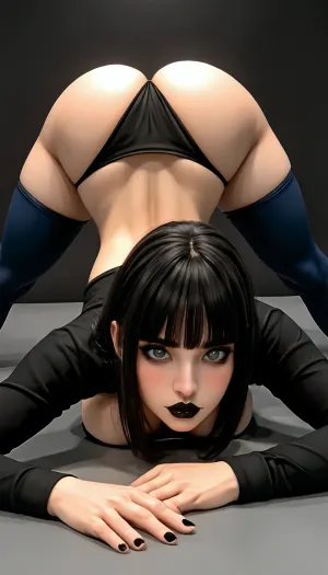 gothic, goth, pale skin, dark black eyes, black hair, bangs hair, black eyeliner, (black lipstick), white skin, (bottom up:1.5), glossy black hair, gigantic sagging natural breasts, natural breasts, breasts stretching top, overflowing cleavage, black eyeliner and mascara, long eyelashes, pink blushed cheeks, dark eyeshadow, glossy black lipstick, thick curvy lips, sexy lips, wide eyes, light blue pupils, dilated pupils, fit, extreme huge boobs, perky tits, huge tits with huge gap, pink nipples, erect nipples, navel piercing, wide hips and waist, huge perfect ass, thick thighs, perfect glossy skin, tight black thong, thong hanging below hips, deep blue thigh highs, thigh gap, well lit, long sleeve black crop top that goes over shoulders, belly button piercing, cleavage, wearing jeans, (unaestheticXL_cbp62:2)