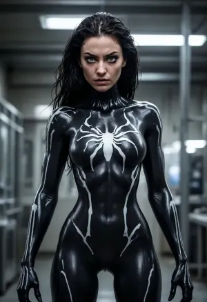 black wet hair woman, evil, muscular, Her body merge with venom symbiote, (black symbiote, white spider on her chest), she is a symbiote mutant, transformed. Her eyes seem dark, with a serious look, she is in pain. Both hands have now giants and long claws. Both feets have claws. Extremely detailed photo, detailed skin, detailed face. She is in a giant scientist laboratory. Full body shot. She is standing on her feet