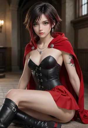 1 woman, 19 years old, Short hair, (Short Textured Haircut), (ruby Rose Hairstyle), black hair with red highlights, (oval shape head), (round head), (high cheekbones), (beautiful face), (Facing Viewer), (strong jawline), (Shining silver eyes), (almond-shaped eyes), (long lashes), (tiny eyebrows), ((full lips), (170cm high), ((slim, fit, physique), (dark nails), (silver necklaces and earrings), (tattoos), (tattoos 40% body), (medium breasts), (perky breasts), (small ass), (round ass), (firm ass), (toned legs), (lean legs), (feminine legs), (well-defined feet))), (Lifelike detail), small, breasts, full body view, skinny legs, skinny small, medium breasts, show full body in view, facing viewer, red skirt, black leather corset, push-up corset, top of breasts visible, black thigh-high boots, red cape with hood, full body shot, <lora:add-detail-xl:2>, <lora:Colorful Hair Slider_alpha1.0_rank4_noxattn_last:2>, <lora:loraeyesxl:2>, <lora:DetailedEyes_V3:2>