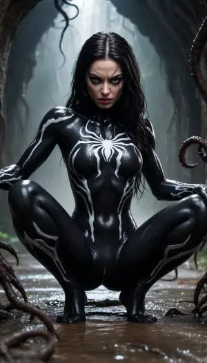 black wet hair woman, evil, muscular, Her body merge with venom symbiote, (black symbiote, white spider on her chest), she is a symbiote mutant, transformed. Her eyes seem dark, with a serious look, she is in pain. Both hands have now giants and long claws. Both feets have claws. Extremely detailed photo, detailed skin, detailed face. She is in a dark cave. There are a lot of tentacles symbiotes on the ground. Her legs and feet are white. Full body shot, (entirely visible on the picture), . Open legs. She is lying on the ground.