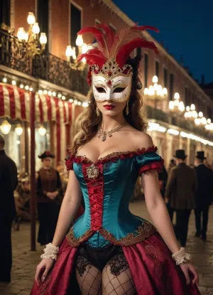 Venice, night, square, carnival, lanterns, 18th century, courtesan in a carnival mask, high detail, high quality, masterpiece, neckline, adjusting stocking on leg