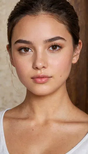 Realistic 18yo woman with an oval-shaped face, soft and smooth contours, and a light, even complexion. Her skin is clear, without blemishes, with subtle shading around the cheeks and nose. She has medium-thick, dark brown eyebrows, slightly arched in a natural shape, giving her a calm and neutral expression. Almond-shaped, light brown eyes with naturally medium-length lashes. The nose is straight and proportionate with a soft bridge and a slightly rounded tip.
Her lips are medium-full, light pink, with a defined Cupid’s bow on the upper lip and a slightly fuller lower lip. She has a neutral, closed-mouth expression. Dark brown hair, ((petite figure)), (very narrow waist), She is college student ans she wears sexy college uniform with stockings and higheels. Deep v-neck, microskirt. Full-lenght photo.