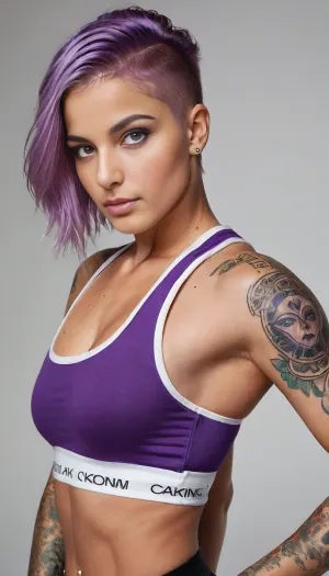 ultra realistic, high detailed, 4k, 8k, front view, full body, beautiful purple eyes, light multicolor hair, hair, buzzcut, parted to the right, horny looking face, black whole arm tattoo on arm, white tank top, black jacket, jacket is pulled down around elbows, uberfit, athletic, <lora:uberfit_lora_sdxl:.5>, <lora:breasts_slider_v10:1>, <lora:nene2:.5>, <lora:256210_training_data:.5>