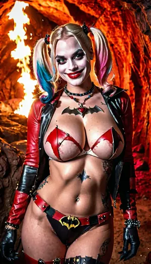 Harley Quinn, very large breast, breast exposed, smiling a devilish grin. Sucking Batman's cock, heavy tattooed, in a cave