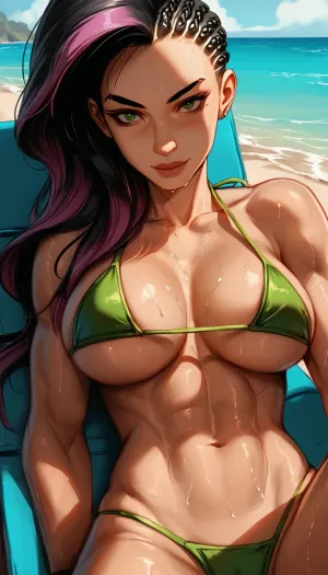 masterpiece, best quality, high resolution, hires, score_9, score_8_up, score_7_up, score_6_up, ((Laura_Matsuda from Street Fighter)), ratatatat74, SamDoesArts, solo, close up, green micro bikini, ((dark-skinned female)), large breasts, (toned body), wet skin, green eyes, eyes looking at viewer, detailed pupils, smirk, laying on back, laying on beach chair, vagina, detailed, day, beach, <lora:ratatatat74-000050:1.3>, <lora:SDXLSamDoesArts:.8>