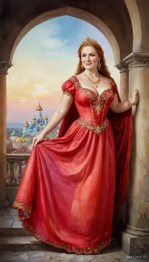 mature curvy woman, (full-length image:1.5), artwork of a Russian beauty in national costume, beautiful chubby body, perfect proportions of a woman's body, blush on the cheeks and nose, Cute face, button nose, Wide jaw, wide cheekbones, freckles on the face, dimples, lots of freckles face and skin, hypnotized loving eyes, very happy smile, lace filigree of bright, rich color. Super clear, highly detailed watercolor, glaze technique, plus colored alcohol ink, style of V. Vasnetsov, k3nk3lly, <lora:k3nk3lly:.5>, Art, Boris, Vallejo, Style, <lora:Fantasy_art_XL_V1:.5>, fantasy, <lora:FDXLFantasyStyleV2:.5>