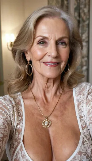 old granny mature, sexy 65 years old, dark blonde, medium long hair, small thin curvy, small saggy tits, glamour and fancy lady, big hoop earrings, necklace, long sleeve lingerie, looking at the camera, naught horny smile face, selfie