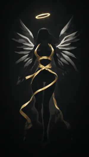Gorgeous slender woman, large breasts, lean waist, big ass, Wide hips, thick thighs, toned legs, flat stomach, (long hair:1.4), (no light source:2), (silhouette outline:2), solid black background, (floating:1.2), legs straight down, (feet pointed), (wearing in golden ribbons:1.4), (wearing soft glowing golden earrings), (angel wings:1.3), (wearing single golden halo:1.3), bending forward, one leg up, motherly, wearing long flowing gold silk dress
