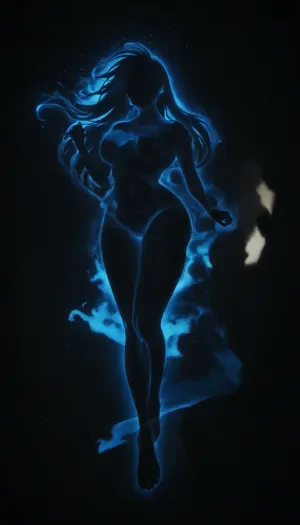 Gorgeous slender woman, huge breasts, lean waist, firm ass, toned legs, flat stomach, (long hair:1.6), (no light source:2), (silhouette outline:2), solid black background, (floating:1.2), legs straight down, (feet pointed), ((engulfed in blue fire:1.4)), (wreathed in blue fire:1.2), nudity, (wearing soft glowing earrings), (erotic pose), (wearing soft glowing belly button ring:1.1)