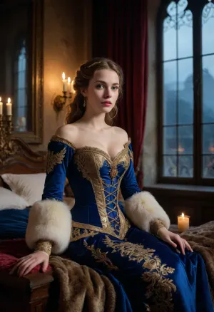 A beautiful female courtesan at a italian medieval castle, at night. She wears an elaborate, ornate mask with intricate gold filigree and a feathered design, blending mystery with elegance. Her gown is luxurious, flowing in rich royal blue velvet, adorned with shimmering gold embroidery. The dress features a corseted waist, with lace details and a long, sweeping train. The moonlight trough the window casting a soft glow on her pale skin. Candle-lit lanterns light the scene, while the grand architecture of italian 16th century. She sits on a dark wooden bed with animal fur blanket.