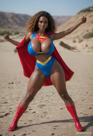 Photorealistic, (blackskin, black skin african supergirl:1.5), (massive breasts, gigsntic tits, huge boobs, firm boobs round breasts:1.1), tiny waist, big ass, huge ass, ginger hair, supergirl outfit, sexy, fighting pose, fullview, full length