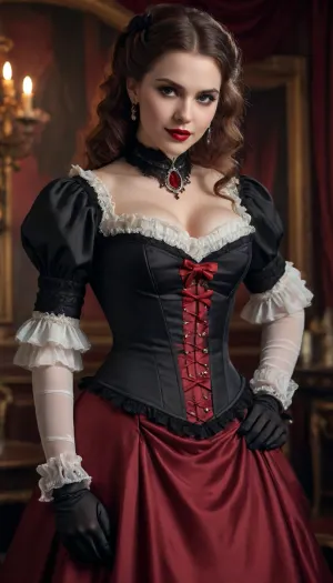 Centered elegance: a vintage-style portrait of a charming vampire woman