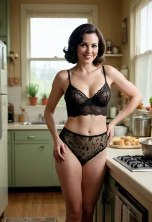 Take a perfect candid analog photo of a quintessential Black 1970s TV sitcom mom standing in a quirky kitchen with a very 1970s vibe wearing a skimpy transparent camisole, busty, cleavage, hairy bush, firm ass, smiling and a little naughty, photorealism, side view, Sitcom, Drama, Looking, to, the, side, Living, Room, Office, Smirk, Shocked, kitchen contains avocado-colored appliances and a fondue pot and items decorated with mushroom art and a beaded curtain, <lora:Sitcom_Drama_Style:.5>, <lora:detailed_notrigger:.5>, medium shot