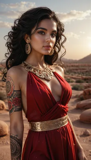 Classy 18 year old Persian girl, Arab brown skin tone, gazing up at the starry sky. She is dressed in a traditional but elegant costume with intricate embroidery, tattoo, red dress, donghua clothes, round C size tits, solo, earrings, jewellery, front view, thin lips painted red, slim and athletic body, light curves, dark brown eyes, Roman nose, very long black hair, flat belly, perfect fingers and hands, She is surrounded by a serene desert landscape, with dunes that gently cut against the night, detailed background, <lora:580159_training_data:1>