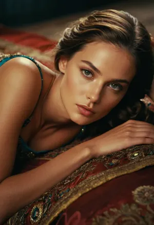 beautiful woman laying on stomach, sgdress, <lora:sgdress:.5>, <lora:281982_training_data:.5>, edgJG, fashion, wearing, edgJG_style, clothing, <lora:edgGallianoXL:.5>, sidewayass, <lora:sidewayass:.5>