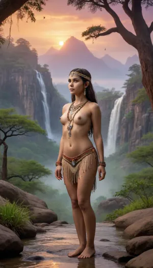 young girl nude, around 18 years old full nude, nude with elaborate indigenous attire with intricate beadwork, fringes, and jewelry. She stands in a vibrant, lush landscape at sunset, surrounded by towering baobab trees, rugged mountains, and cascading waterfalls. The sky is adorned with dancing auroras, adding a magical, ethereal quality, while a light rain and dense fog create a mystical atmosphere. Ancient Vedic stone temples are visible in the background, contributing historical and spiritual depth. Various animals, like an otter, are present, emphasizing a harmonious connection with nature. Bright stars illuminate the sky, enhancing the serene and mystical beauty of the scene.
