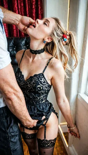 ultra detailed, realism, from above, from behind, submissive short, solo_focus, legs, feets, arched back, 25 yo short, choker, dynamic pose, black patterned stockings, blonde, school interior, black casual street-style dress, summer dress, garter_belt, flirts, acts like a whore, huge mans standing near her, groping her, between two men, massive dicks, fingering, horny men, impatient men, hands touch grab pull tug, hair pull, head back, mouth open, man's fingers in her mouth