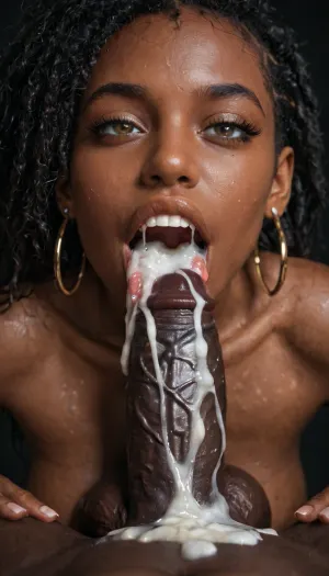 close-up, naked black african woman, very dark skin, eyes wide open, enjoying, faint smile on her face, sucking big 25 inch black penis, penis lying on her tongue, no lipstick, very long smooth black hair, tongue sticking out of her mouth, (excessive cum on tongue), cum dripping from her tongue, projectile cum, man is wearing a black qos-thong, huge testicles, dark room, black background.
