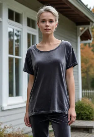 (masterpiece, best quality:1.2), 1 girl, swedish film character Rebecka Martinsson, solo, white thong, barefoot, (dark grey baggy oversized oval neck velvet t-shirt with short sleeves:1.4), outdoors, shoulder lenghth white blonde hair, bright ice blue eyes, short haircut with side parting, updo hair, Standing on the on the porch of a wooden Swedish weekend house in autumn landscape, she looks into the distance, serious look, she holds a cup of coffee, view from below, photorealism