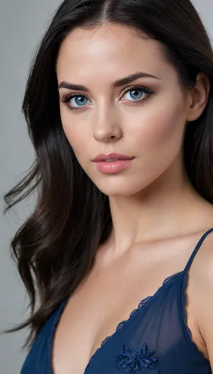 33 years old, woman with long, straight black hair that falls just below her shoulders, slightly wavy, with a natural shine. Her hair is parted in the middle and has soft volume, framing her face. She has clear, fair skin with a subtle, natural glow, and piercing blue eyes that stand out as a striking feature. Her facial structure is oval, with soft yet defined features, including high cheekbones, a well-defined jawline, and full lips. She wears minimal makeup, with focus on enhancing her eyes using subtle eyeshadow and mascara.
pregnant, with visible, yet graceful curves. She is dressed in a simple, seductive outfit, such as a figure-hugging dress that accentuates her silhouette, or a sleek bikini with elegant details, like a lace trim or metallic accents. Her posture is confident, with a gentle but alluring expression. The setting is neutral, allowing her presence to stand out. The mood of the image should feel elegant, sensual, and sophisticated, capturing both beauty and confidence."