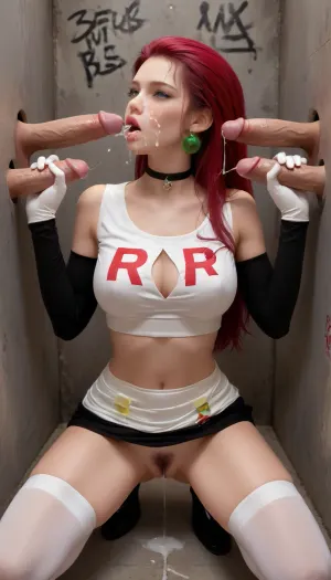 18yo, ((choker)), long hair, (dressed as jessie from pokemon), legs spread, massive hips and a penis reliving two dicks in a gloryhole, on her knees, blowjob, handjob, cum dripping her chin, lot of cum on face, cum on the floor, lots of cum, very hairy pussy, The gloryhole has brickack walls and lots of graffiti and tags, puffy, dark, ghost, wide, cum, on, face, jessie, hair, slicked, back, long, purple, blue, eyes, team, rocket, uniform, white, skirt, crop, top, thighhighs, elbow, gloves, pkjes, character, from, pokemon, large, breasts, big, boobs, huge, tits, panties, pulled, to, side, pussy, shaved, <lora:JustCum:.8>, <lora:158901_training_data:.5>, <lora:bombshell_v2:.5>, <lora:Pussy_pants_nohands_D03_realvizXL2_bucket_01-000010:.5>