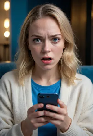 UHD 8K, (shy Christian girl sitting in an armchair and staring at her phone), (it is dark and her face is illuminated by the blue light her smartphone), (she is shocked and disgusted as she discovers that someone posted deepfakes of her on the Internet), (horror-struck), (night time), (her mouth is wide open in shock), (she is frowning), (she is extremely taken aback), (her gaze is locked her phone's screen), (realistic proportions), (perfect hands), surprised, look, girl, (girl frowning in disgust:1.5), (shocked:1.2), (hot bitch:1.2), (northern European), (dirty blonde), (freckles)