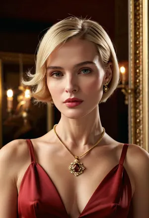 ultra high res, (realistic 1.3), (masterpiece, best quality:1.5), An ultra-realistic portrait of an elegant woman with a slender and harmonious silhouette. Her face is delicate and well-defined, with slightly prominent cheekbones, a straight nose, and full, rosy lips. Her fair and smooth complexion enhances her captivating expression. She has a short platinum blonde haircut with side-swept bangs, emphasizing her expressive gaze.
She wears a sophisticated red dress with a high collar adorned with a golden brooch and a plunging neckline that subtly reveals her smooth skin and delicate collarbones. Her bare shoulders and slender arms add a touch of grace. Her slender neck is accentuated by a delicate necklace with a round pendant.
The background is blurred, featuring a large gold-framed mirror that enhances the luxurious atmosphere. The lighting is soft and warm, highlighting her charisma and glamorous allure., 4ng3l, face, <lora:SDXL_BetterFaces-LoRA_v1:.5>, Low-key, lighting, Style, dim, light, low, dramatic, partially, covered, in, shadow, <lora:Low-key lighting Style:.5>