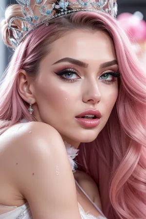 miss russia, anal, crown, 18 years old blowjob queen, huge eyelashes, mascara drips from her eyelashes, cum drips from her breasts, pink milk pours from above, pink mucus in drops irrigates her face, fucked in a point, rear view