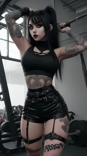 A 19-year-old goth gym girl, having black hair that falls in straight strands over her shoulders. Her eyes are intensely dark, contrasting with her delicate yet striking makeup. Her figure has a pronounced waist, with wide hips and round large ass, while her bust is naturally large and defined, all of which are accentuated by her clothing. She wears a short gothic-style sports top that combines a dark vibe with comfort. She also wears tight-fitting shorts that highlight her legs and add a light touch to the overall look. Her body is adorned with tattoos in a gothic style, serving as artistic accents that express her personality and interests., under-boo