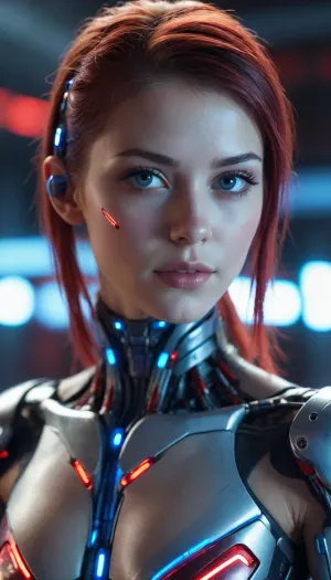 young cyborg female, whiye skin, blue and red led
