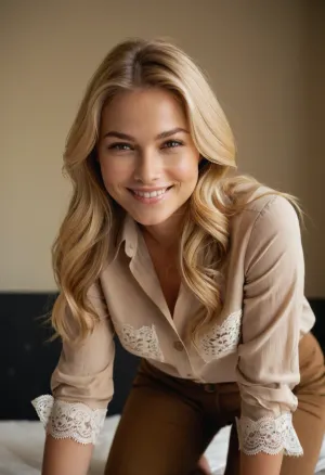 A person with long blonde hair is positioned on all fours, facing forward with a charming smile. They are wearing a beige button-up shirt that is slightly open at the top, revealing a delicate lace undergarment underneath. The shirt has long sleeves, which are rolled up to the forearms. The high-waisted brown pants complement the earthy tones of the outfit. Their expression is warm and inviting, adding a touch of charm to the scene. The neutral background ensures that the focus remains on the person's elegant and casual attire, as well as their engaging smile. The lighting is soft and natural, enhancing the overall aesthetic of the scene.