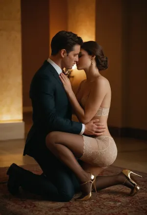 "A cinematic portrait captured in the soft, warm tones of 35mm film. The groom is kneeling gracefully on the ground, his hands gently holding the bride’s leg as he tenderly kisses her thigh. The bride, standing tall and elegant in a modern sheer lingerie, gazes down at her husband with a mix of admiration and affection. The focus is on the beautifully detailed stockings that hug her legs and the high-heeled, elegant shoes that elevate the moment of devotion. The rich textures of the fabric, the shine of the shoes, and the intricate lace of the stockings are captured in sharp detail. The background is softly blurred, with soft ambient light that highlights the intimacy and reverence of the moment. The warm color palette—soft beiges, deep burgundies, and touches of gold—adds a timeless cinematic quality to the image, while the subtle grain of the film enhances the depth and texture of the shot."