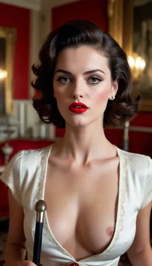 Helmut Newton style image, beautiful woman, biting down on a riding crop, in an ornate room, red lipstick