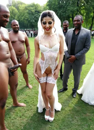 A full body image of Iranian bride in lace wedding dress, in heavy makeup, bukkake on her white bridal dress and on her face, she happy, many naked black men in background. in public park.