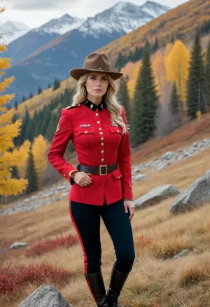 (masterpiece, best quality:1.2), 1 woman is Natasha Oakley, outdoors, long blonde hair, bright blue eyes, She wears a red Royal Canadian Mounted Police uniform, black pants with yellow side stripes and beige canadian mountie hat., Standing in autumn mountain landscape, photorealism