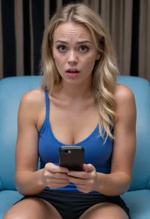 UHD 8K, (shy Christian girl sitting in an armchair and staring at her phone), (it is dark and her face is illuminated by the blue light her smartphone), (she is shocked and disgusted as she discovers that someone posted deepfakes of her on the Internet), (horror-struck), (night time), (her mouth is wide open in shock), (she is frowning), (she is extremely taken aback), (her gaze is locked her phone's screen), (realistic proportions), (perfect hands), surprised, look, girl, (girl frowning in disgust:1.5), (shocked:1.2), (hot chick:1.2), (northern European:1.2), (dirty blonde:1.2), (tanned), (freckles:1.1), (Swedish fitness girl:1.2), (disappointed expression:1.5), (big tits)