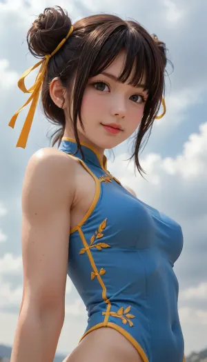 half body, 3/4 view portrait of a girl with two bun hair, yellow ribbon, black hair, side view, tiny boobs, blue cheongsam with yellow lining, facing side, cloudy, 4ng3l, face, view from below, looking at viewer, smiling, thick fat legs, athletic muscular body, <lora:SDXL_BetterFaces-LoRA_v1:.5>, heroic pose