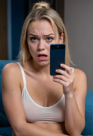 UHD 8K, (shy Christian girl sitting in an armchair and staring at her phone), (it is dark and her face is illuminated by the blue light her smartphone), (she is shocked and disgusted as she discovers that someone posted deepfakes of her on the Internet), (horror-struck), (night time), (her mouth is wide open in shock), (she is frowning), (she is extremely taken aback), (her gaze is locked her phone's screen), (realistic proportions), (perfect hands), surprised, look, girl, (girl frowning in disgust:1.5), (shocked:1.2), (hot chick:1.2), (northern European:1.2), (dirty blonde:1.2), (tanned), (freckles:1.1), (Swedish fitness girl:1.2), (disappointed expression:1.5), (big tits), (she is disgusted:1.5), (she asks "Seriously?"), (she asks "How could you?")