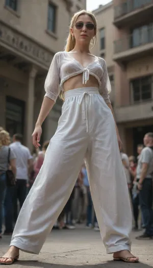 masterpiece, photorealistic, maximum details, an extremely beautiful young woman, big natural saggy tits, blonde hairy pussy, very slim waist, long straight blonde hair tied to a ponytail, twerking, legs wide spread, wearing baggy pants and white open blouse and sunglasses, flashing tits in public, full body, view from below